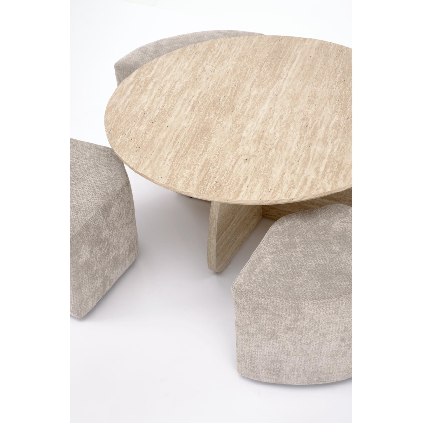 SET masă de cafea NUGAT Ø 80 cm + 4x taburete travertin/gri