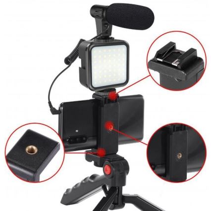 Set pentru vloguri 4 în 1 – microfon, lampă LED, trepied, suport de telefon