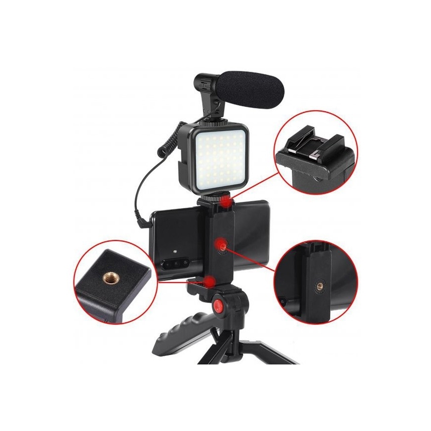 Set pentru vloguri 4 în 1 – microfon, lampă LED, trepied, suport de telefon