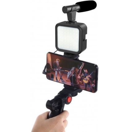 Set pentru vloguri 4 în 1 – microfon, lampă LED, trepied, suport de telefon