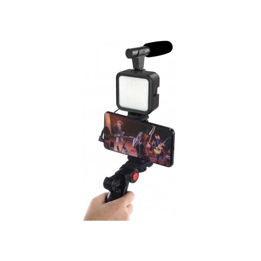 Set pentru vloguri 4 în 1 – microfon, lampă LED, trepied, suport de telefon