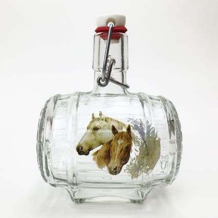 Set transparent 1x sticlă în formă de butoi și 2x pahar pentru tării, motiv de cal