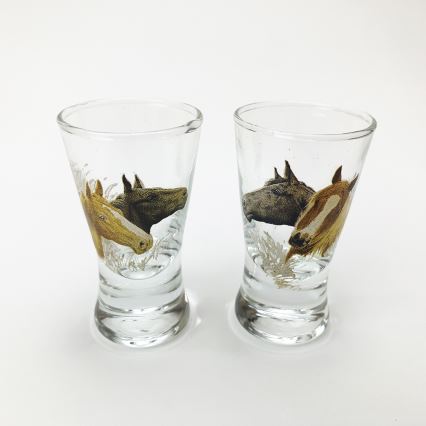 Set transparent 1x sticlă în formă de butoi și 2x pahar pentru tării, motiv de cal