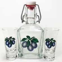 Set transparent cu motiv de prune 1x sticlă și 2x pahar pentru tărie
