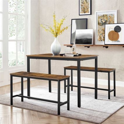 Set TREVOR: masă de bar 110x70 cm + 2 bănci 97x30 cm, maro/negru