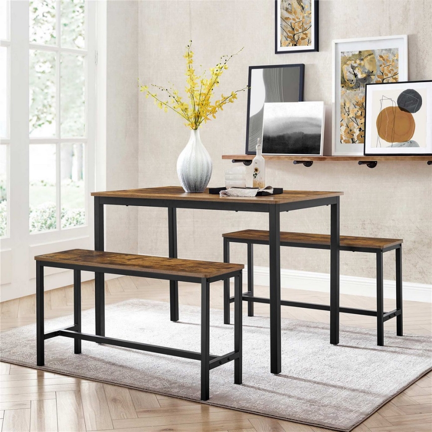 Set TREVOR: masă de bar 110x70 cm + 2 bănci 97x30 cm, maro/negru