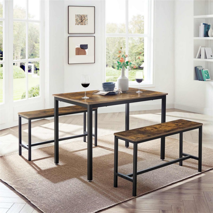 Set TREVOR: masă de bar 110x70 cm + 2 bănci 97x30 cm, maro/negru