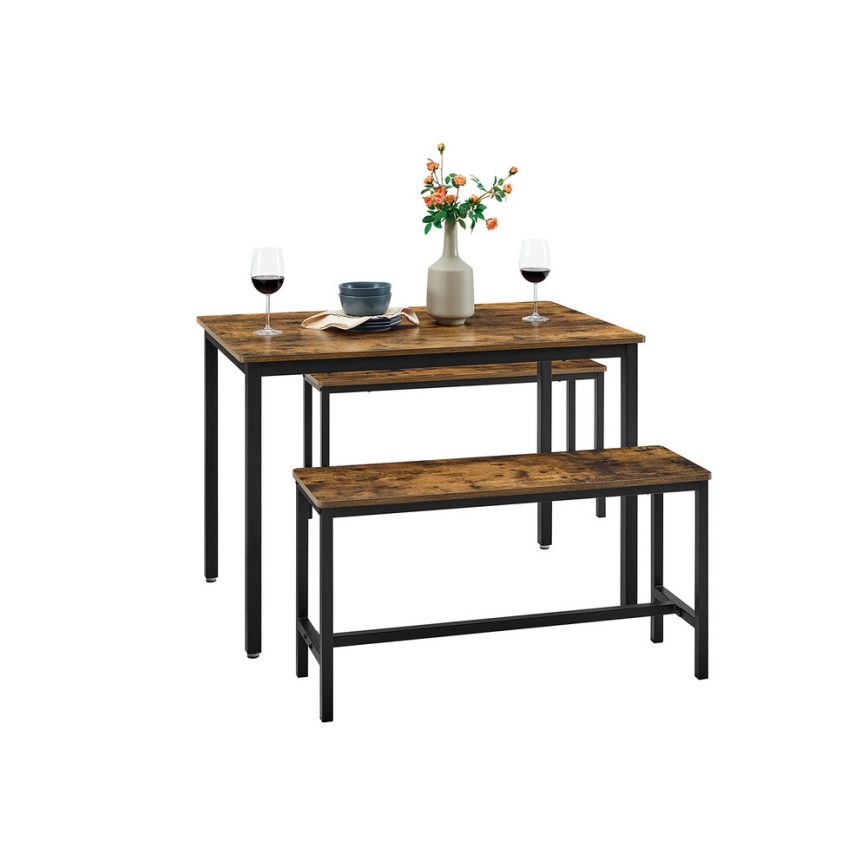 Set TREVOR: masă de bar 110x70 cm + 2 bănci 97x30 cm, maro/negru