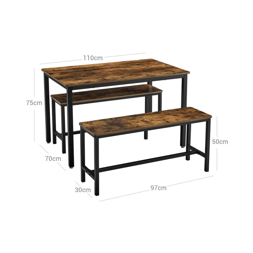 Set TREVOR: masă de bar 110x70 cm + 2 bănci 97x30 cm, maro/negru