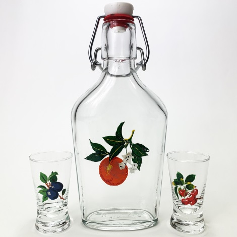 Set vector transparent cu motiv de fructe 1x sticlă mare + 2x pahar pentru tărie
