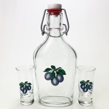 Set vector transparent cu motiv de prune 1x sticlă mare + 2x pahar pentru tărie