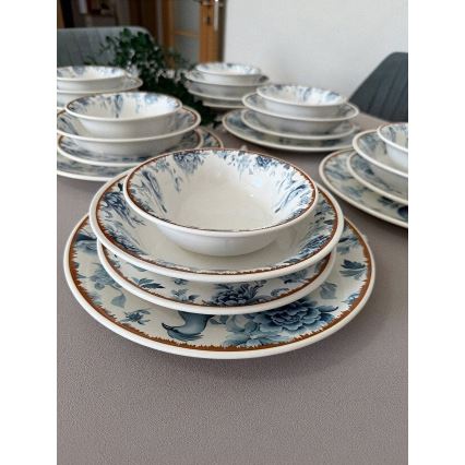 Set veselă, 24 de piese, din ceramică — alb/albastru/maro