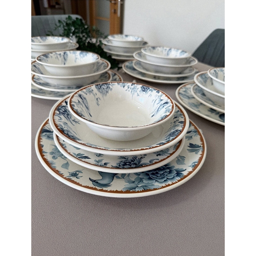 Set veselă, 24 de piese, din ceramică — alb/albastru/maro