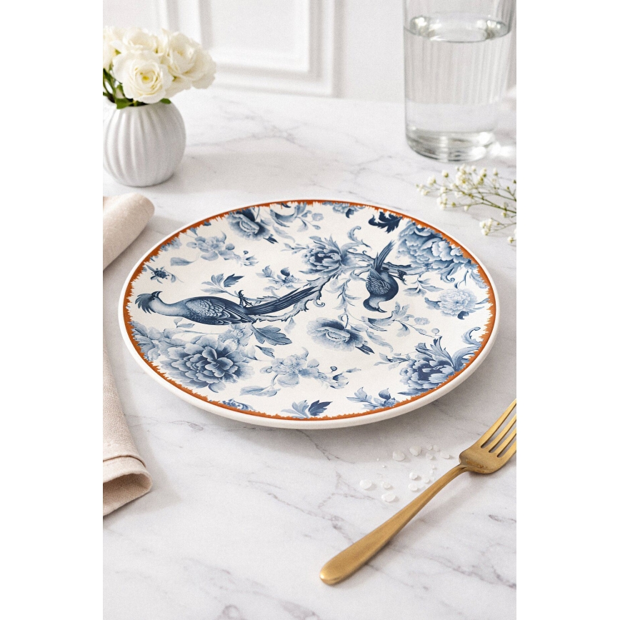 Set veselă, 24 de piese, din ceramică — alb/albastru/maro