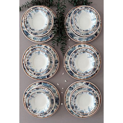 Set veselă, 24 de piese, din ceramică — alb/albastru/maro