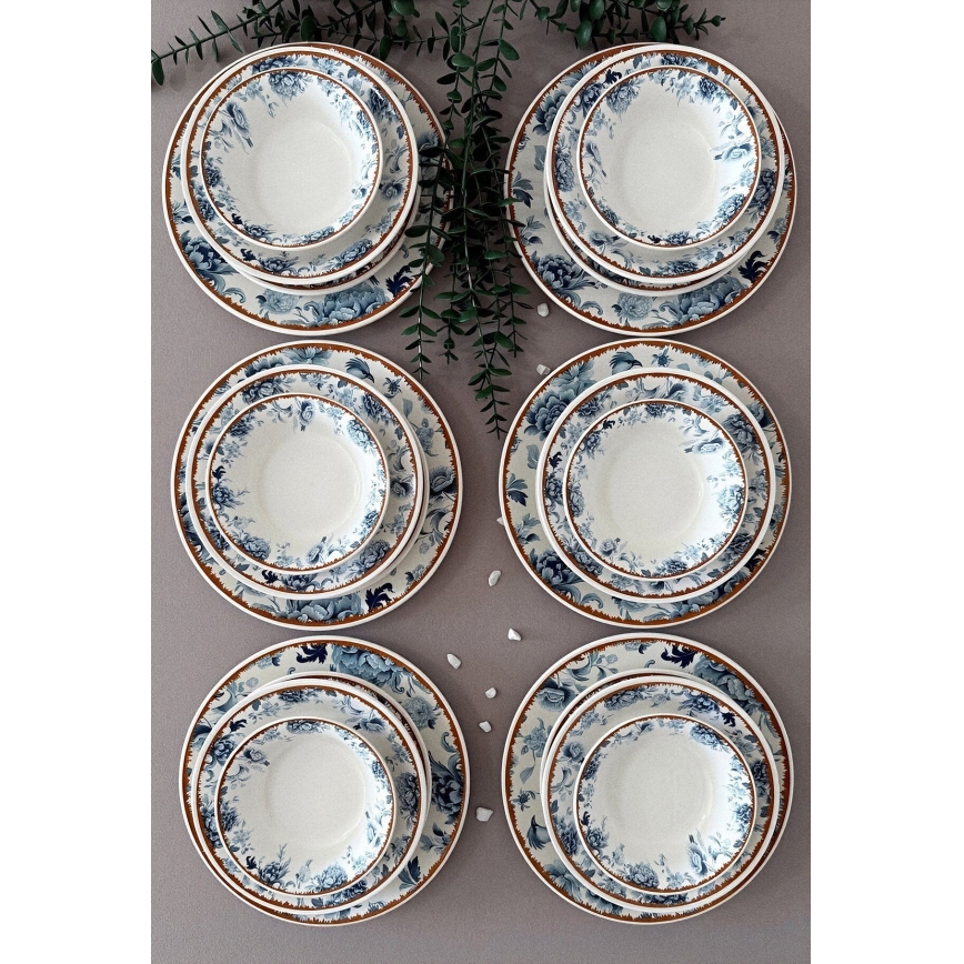 Set veselă, 24 de piese, din ceramică — alb/albastru/maro