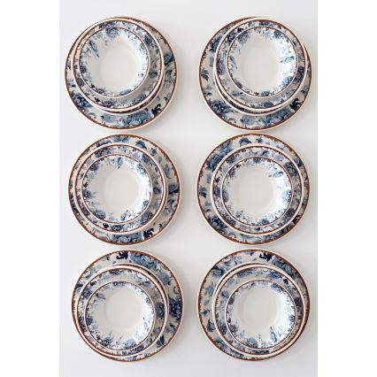 Set veselă, 24 de piese, din ceramică — alb/albastru/maro
