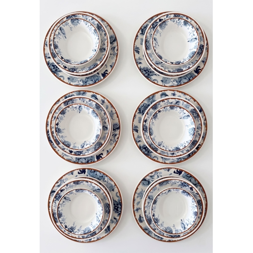 Set veselă, 24 de piese, din ceramică — alb/albastru/maro