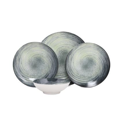 Set veselă 24 de piese verde/negru/porțelan