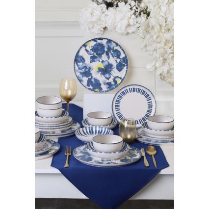 Set veselă 24 piese, alb/albastru, din ceramică stoneware