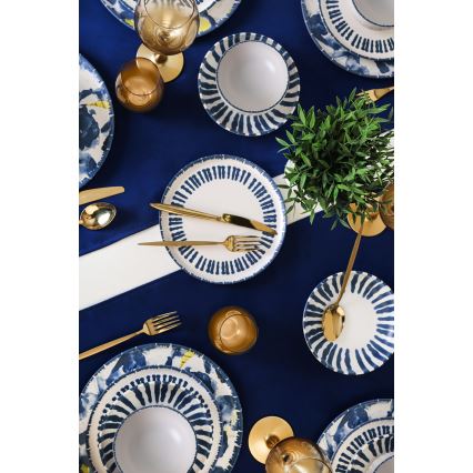 Set veselă 24 piese, alb/albastru, din ceramică stoneware