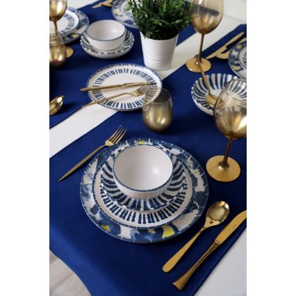 Set veselă 24 piese, alb/albastru, din ceramică stoneware
