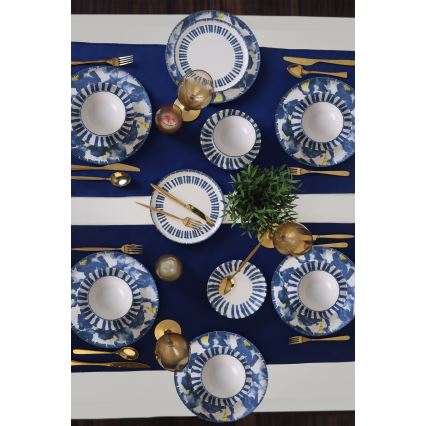 Set veselă 24 piese, alb/albastru, din ceramică stoneware