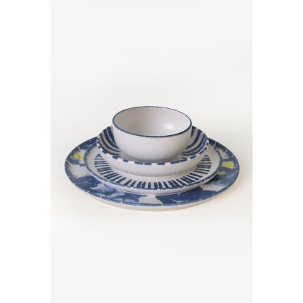 Set veselă 24 piese, alb/albastru, din ceramică stoneware