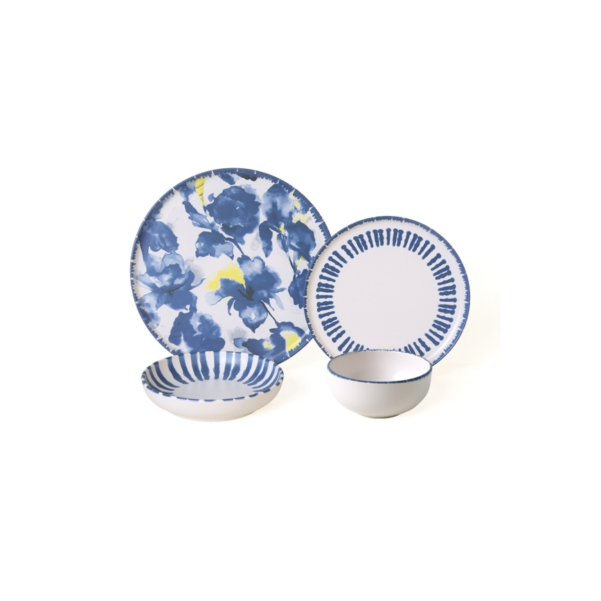 Set veselă 24 piese, alb/albastru, din ceramică stoneware