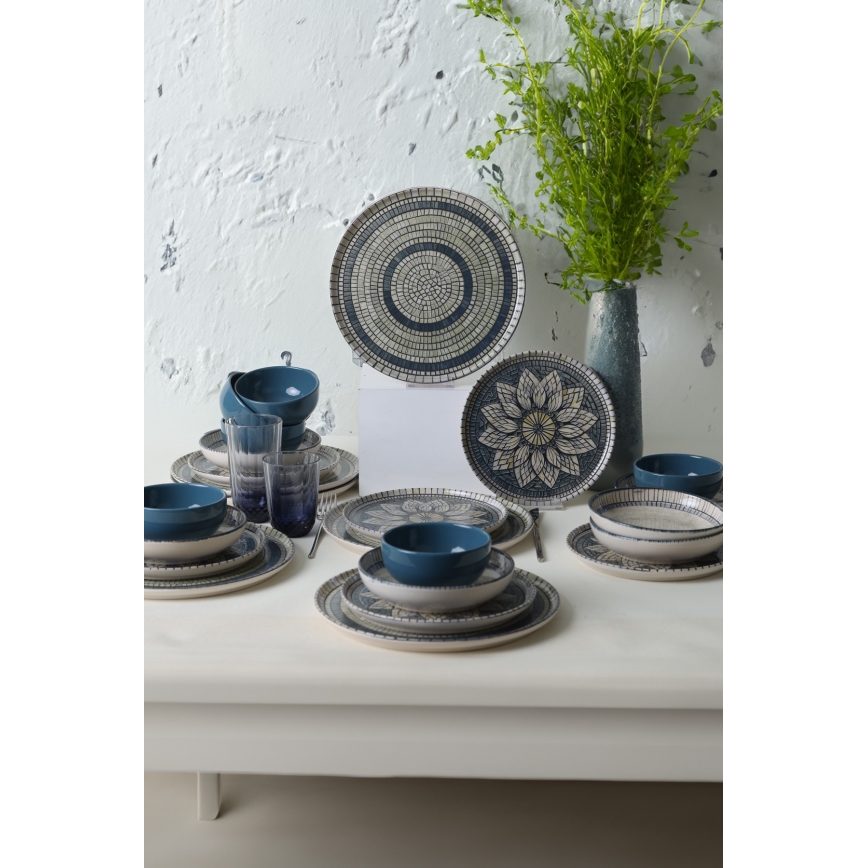 Set veselă 24 piese albastru/crem/ceramică