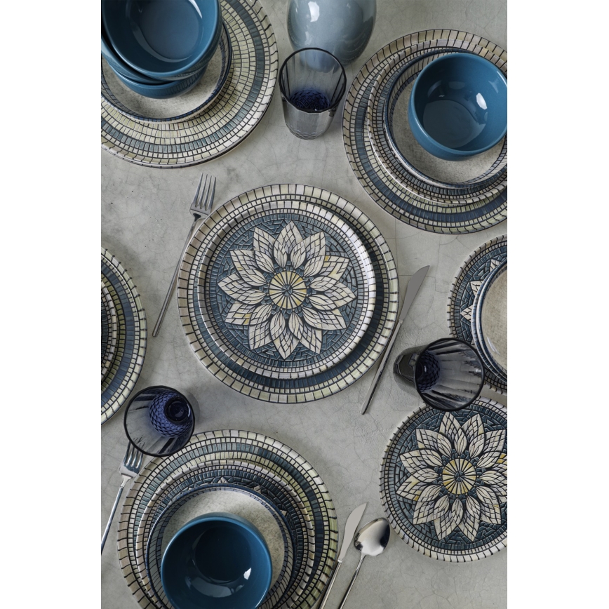 Set veselă 24 piese albastru/crem/ceramică