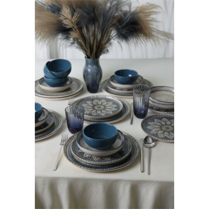 Set veselă 24 piese albastru/crem/ceramică