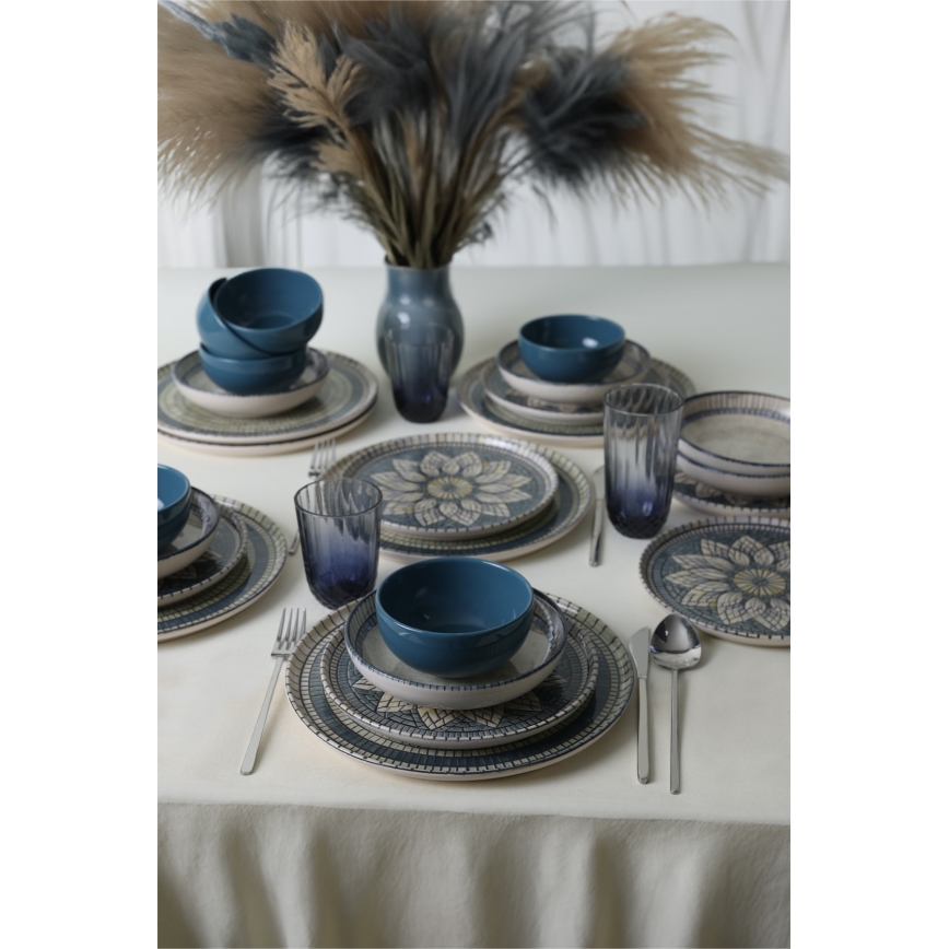 Set veselă 24 piese albastru/crem/ceramică