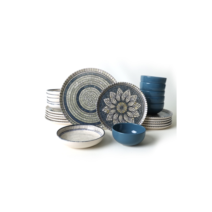 Set veselă 24 piese albastru/crem/ceramică