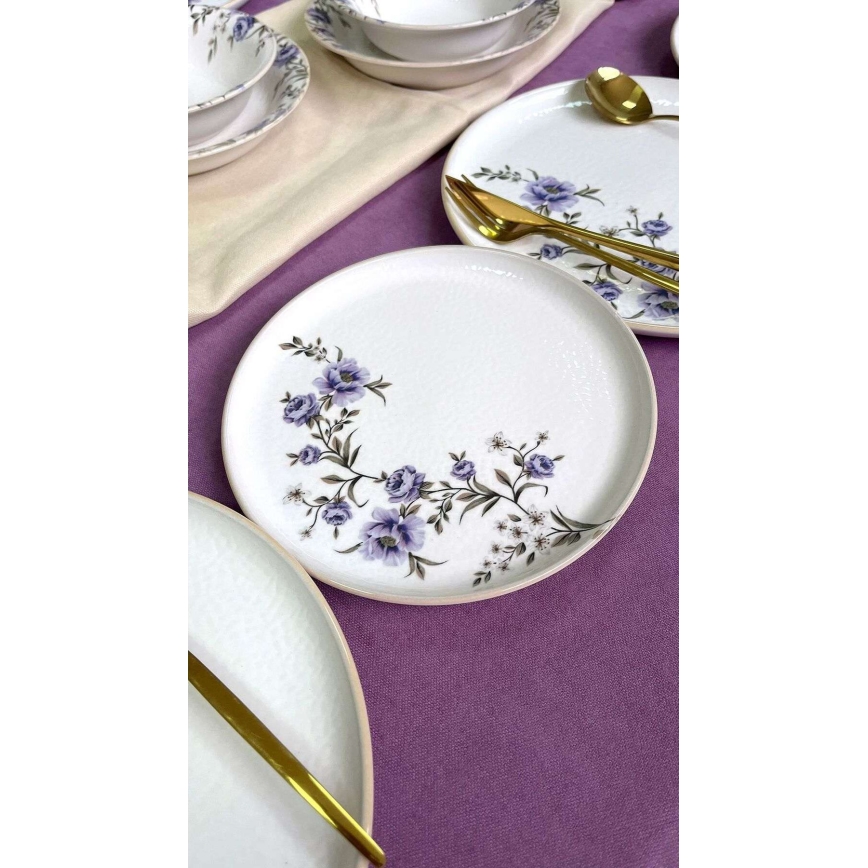 Set veselă 24 piese, ceramică, alb/mov