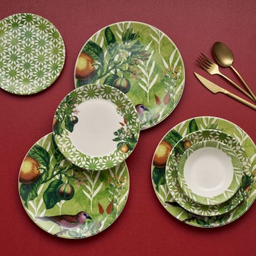 Set veselă, 24 piese, ceramică, verde/alb