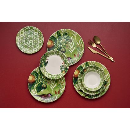 Set veselă, 24 piese, ceramică, verde/alb