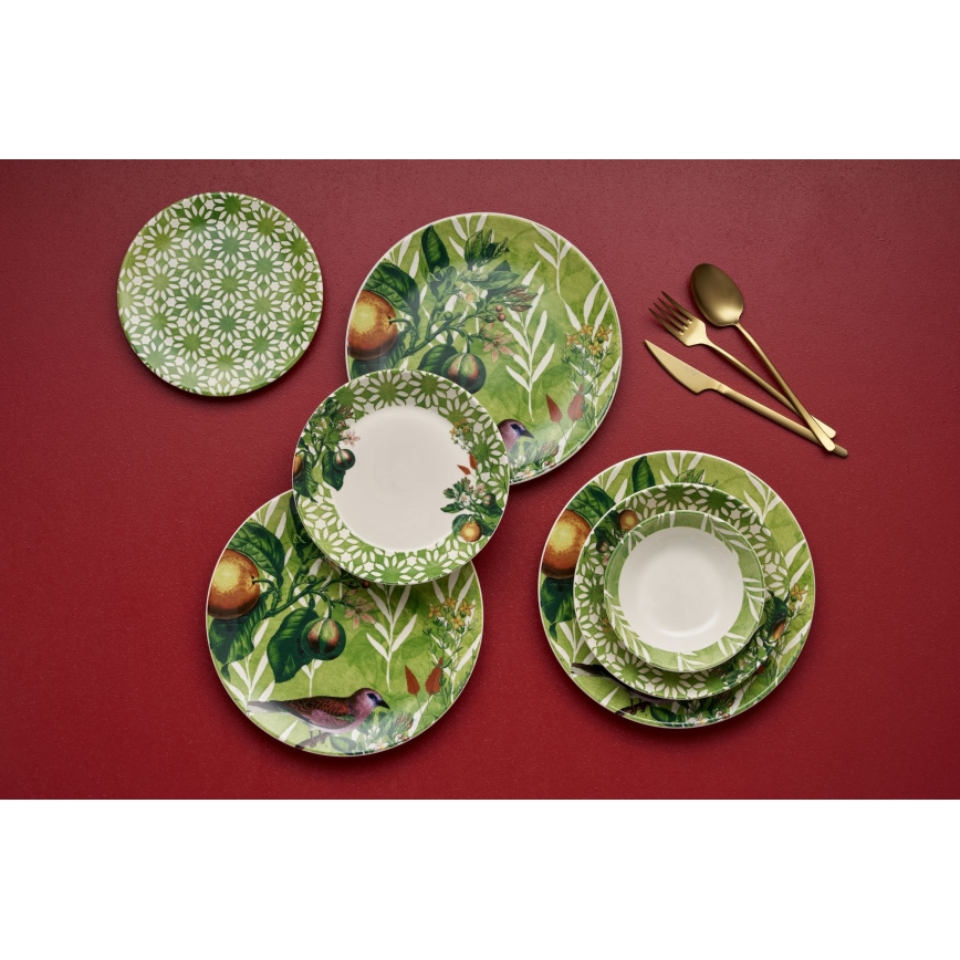 Set veselă, 24 piese, ceramică, verde/alb