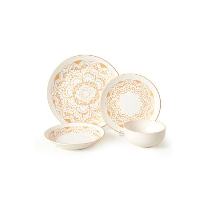 Set veselă 24 piese din ceramică, alb cu accente aurii