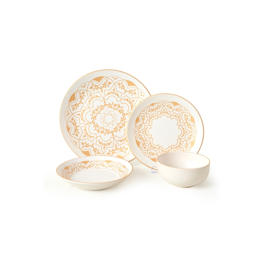 Set veselă 24 piese din ceramică, alb cu accente aurii