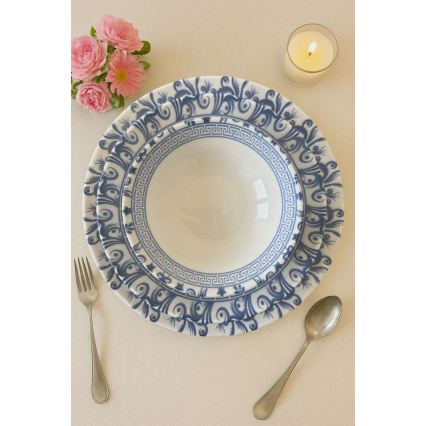 Set veselă 24 piese, porțelan, alb/albastru