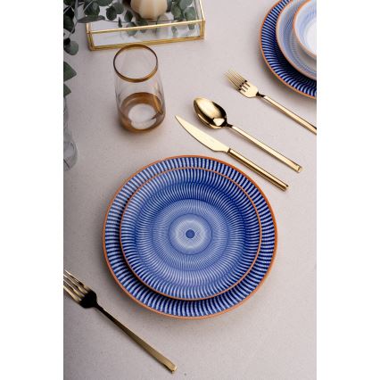 Set veselă 24 piese, porțelan, albastru/portocaliu