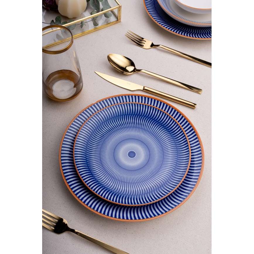 Set veselă 24 piese, porțelan, albastru/portocaliu
