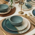 Set veselă 24 piese, turcoaz/crem, din ceramică stoneware