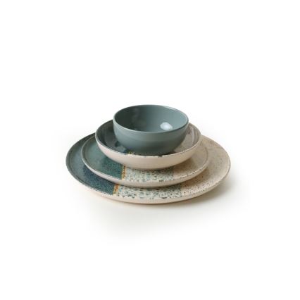 Set veselă 24 piese, turcoaz/crem, din ceramică stoneware