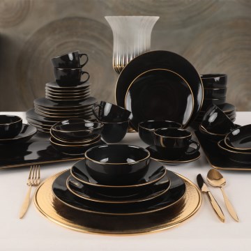 Set veselă 44 piese, negru/auriu, din ceramică tip stoneware