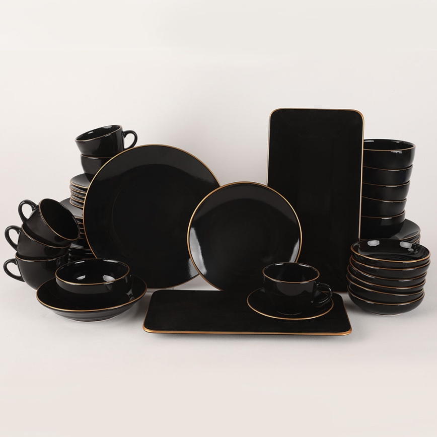 Set veselă 44 piese, negru/auriu, din ceramică tip stoneware