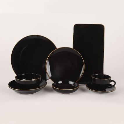 Set veselă 44 piese, negru/auriu, din ceramică tip stoneware