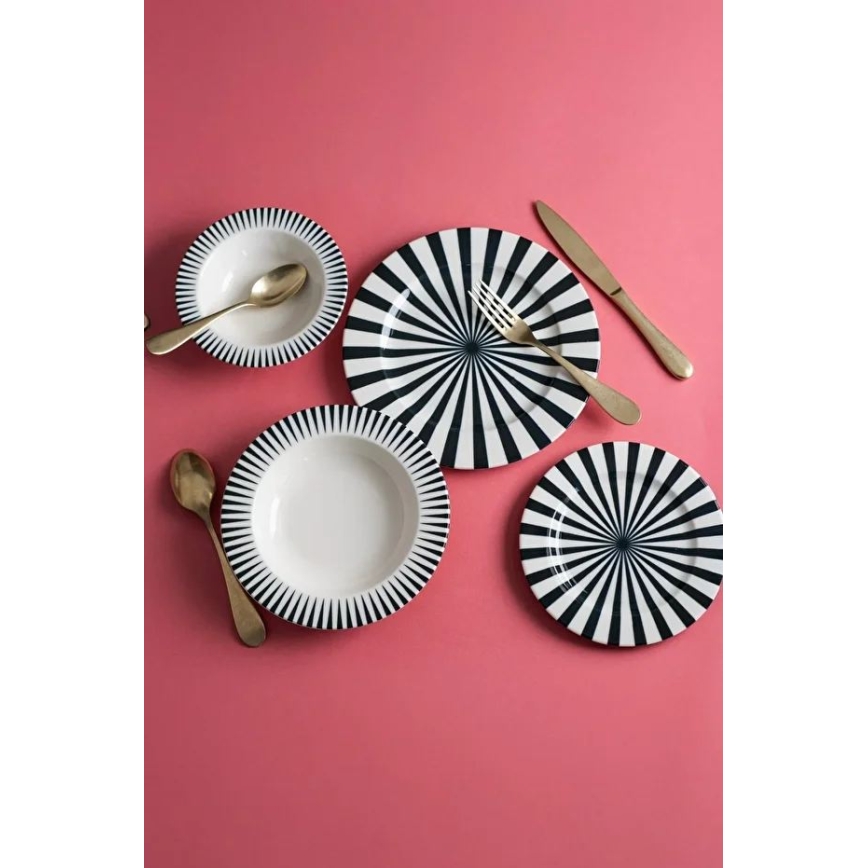 Set veselă din porțelan, 24 piese, alb/negru