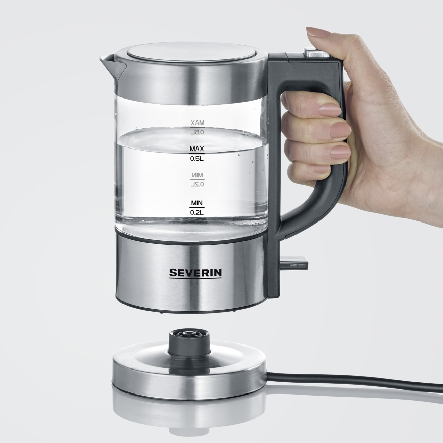 Severin WK 3472 - Fierbător electric 0,5 l, 1100 W/230 V, inox/sticlă